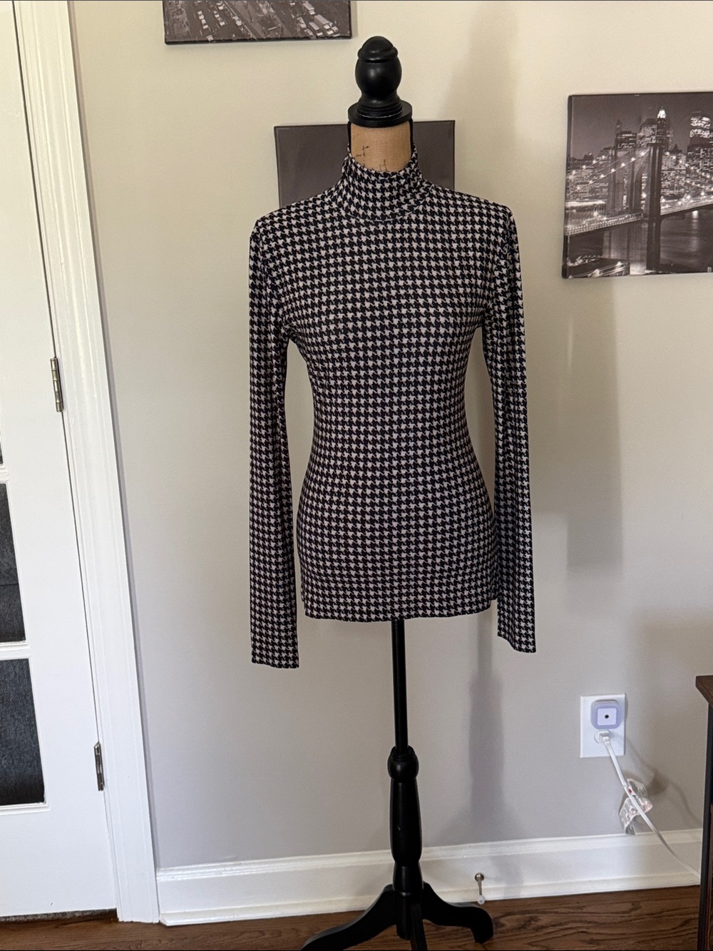 Norma Kamali Black & White Houndstooth Mock Neck mini dress